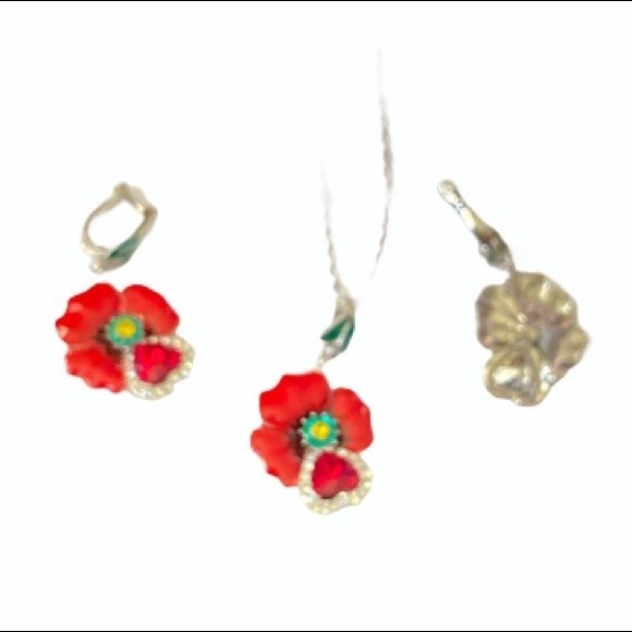 Floral Enamel Pendant Necklace set Red Zircon Silver Chain Dangle Earrings - Picture 9 of 11